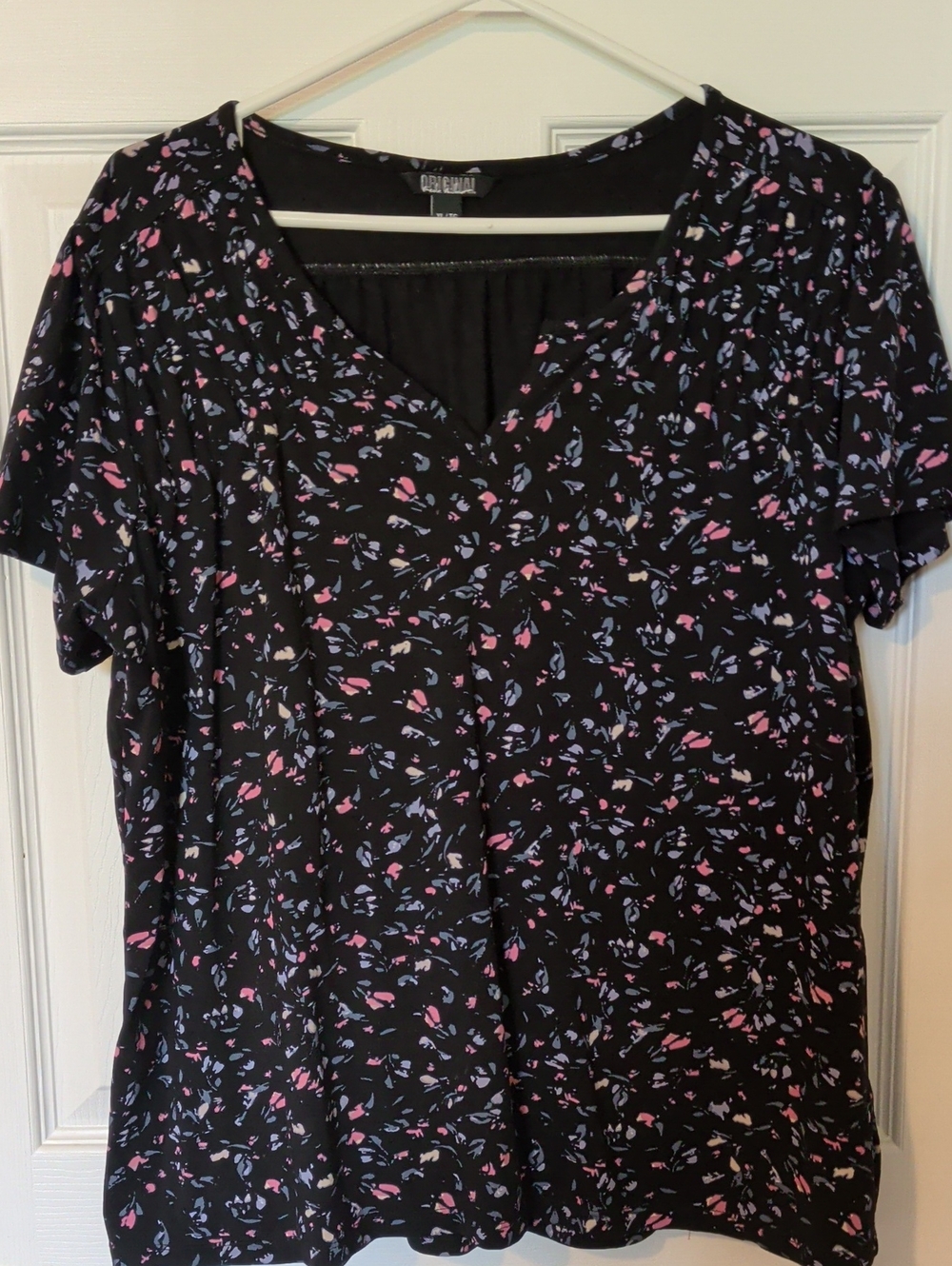 Nicole Miller Black V-Neck Top with Pink and Lavender Floral Print